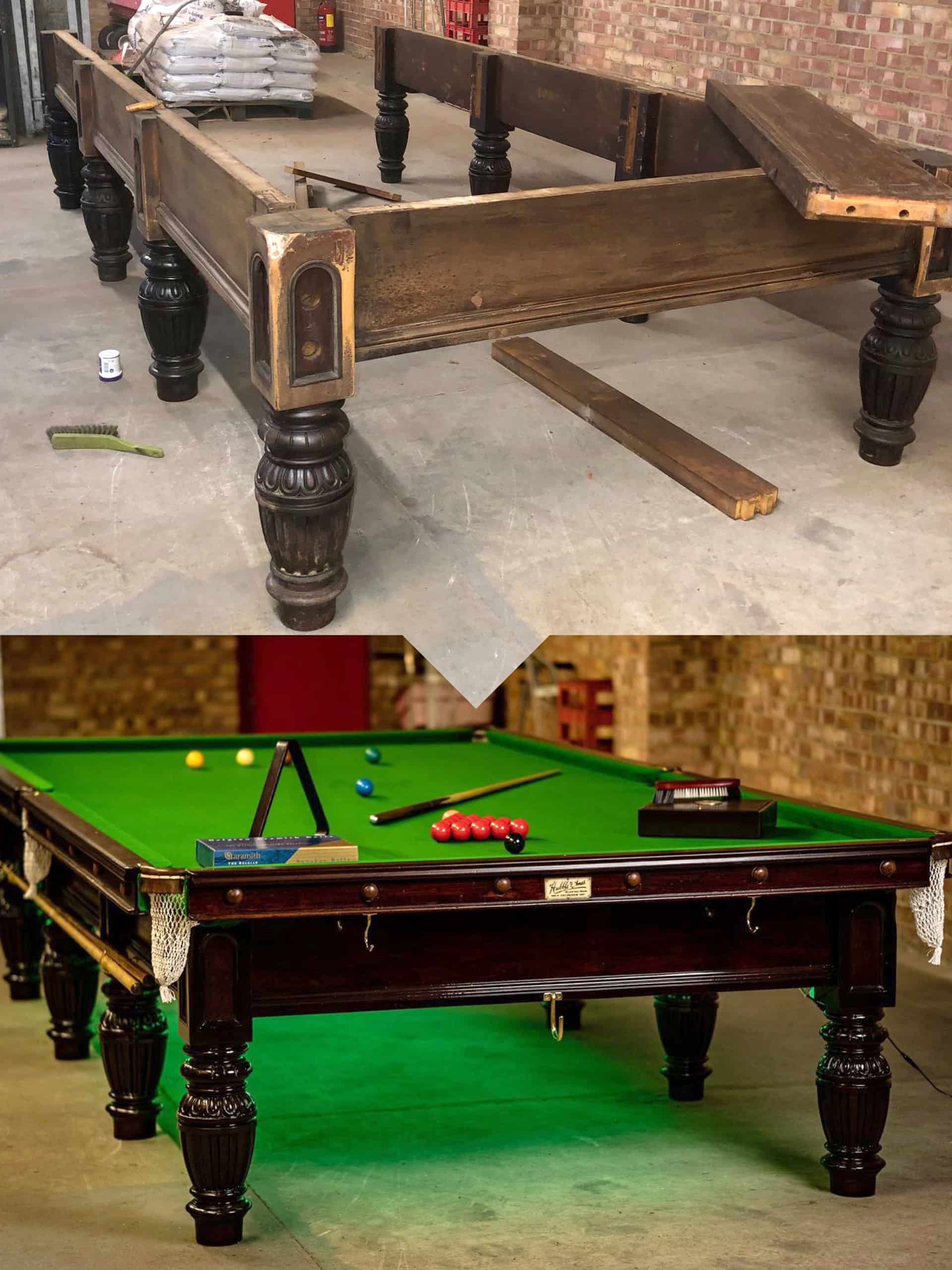 Refurbished snooker table before and after