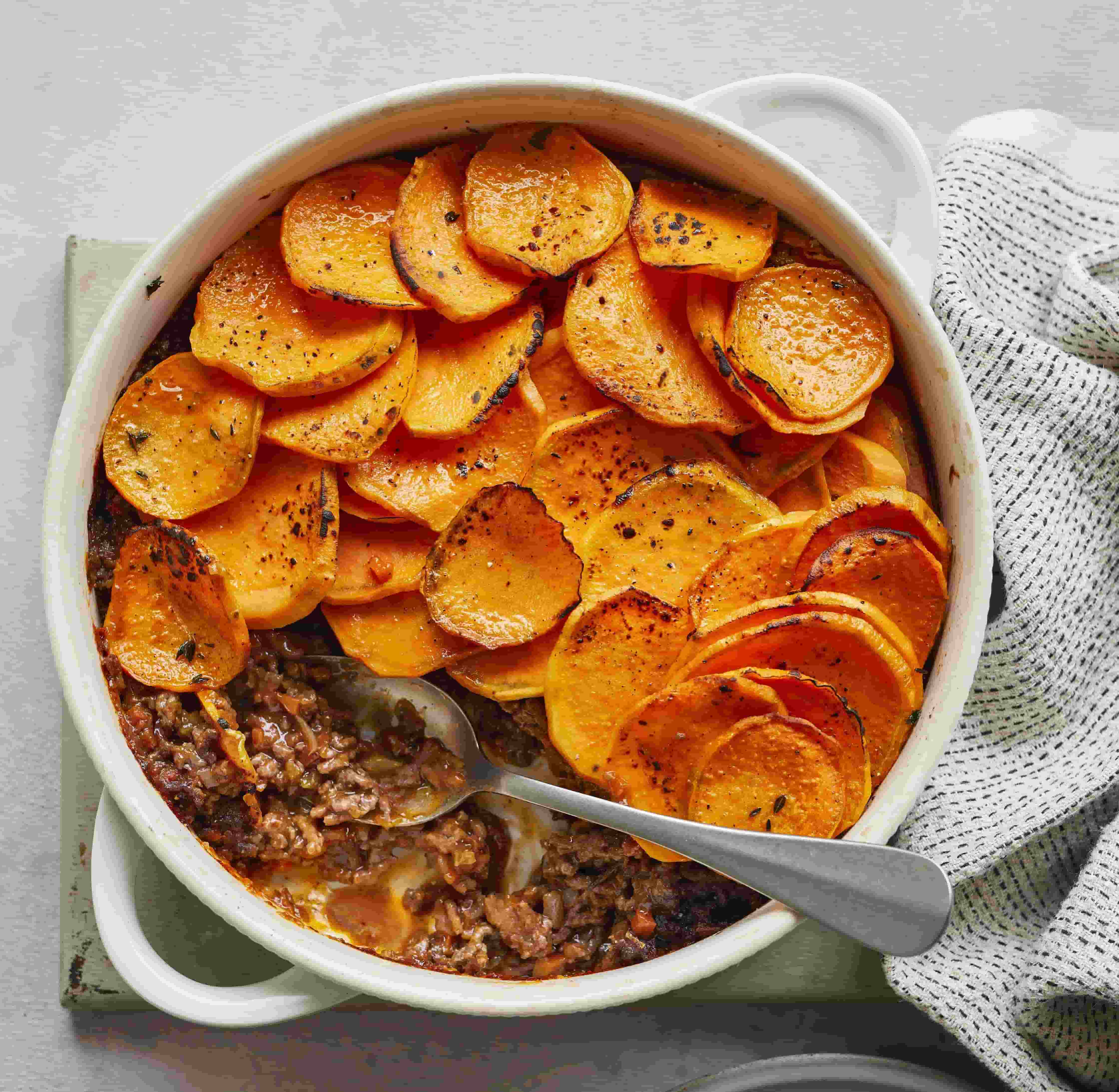 cottage pie with sliced sweet potato on top