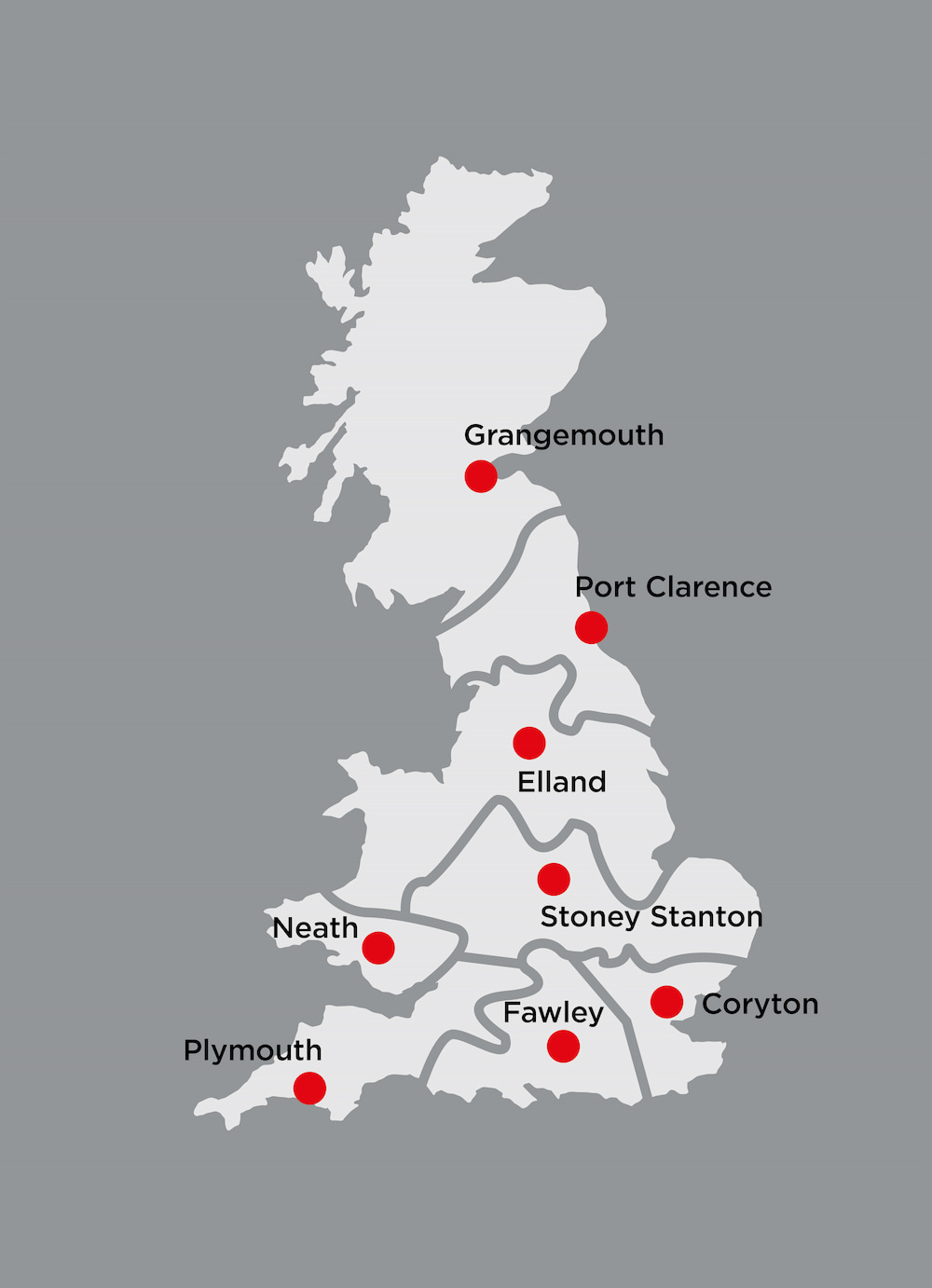 Map of Great Britain with Calors customer service hub centres highlighted