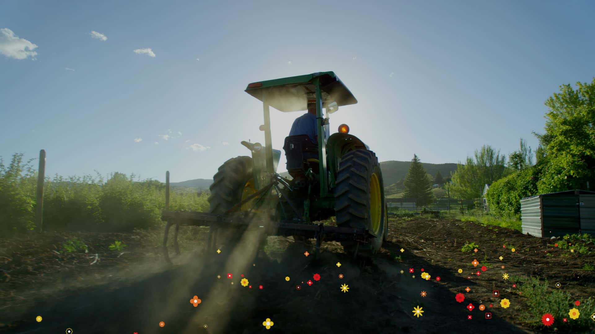 Tractor with animated flowers
